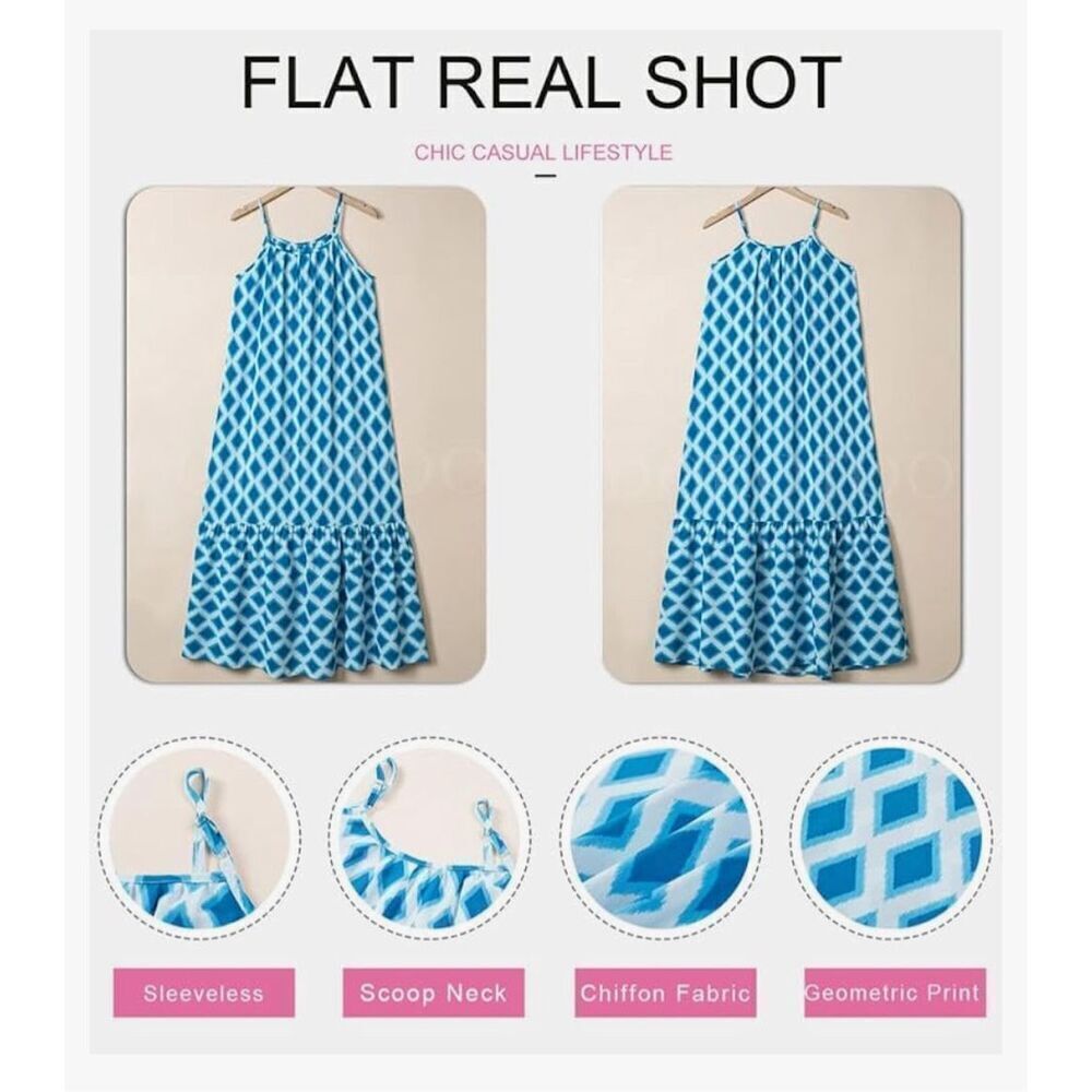 NEW Spaghetti Strap Scoop Neck Smocked Ruffle Flowy Maxi Dress S - Picture 2 of 6